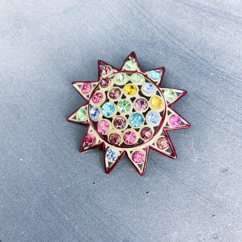 VINTAGE Celluloid Glass Rhinestone Colorful Flower Brooch Sunshine Art Deco Pin - Picture 6 of 6
